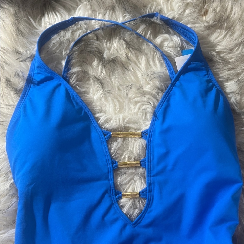 Bleu Rod Beattie swimsuit 6 royal blue one piece plunge Lace Down deepV - Picture 5 of 7
